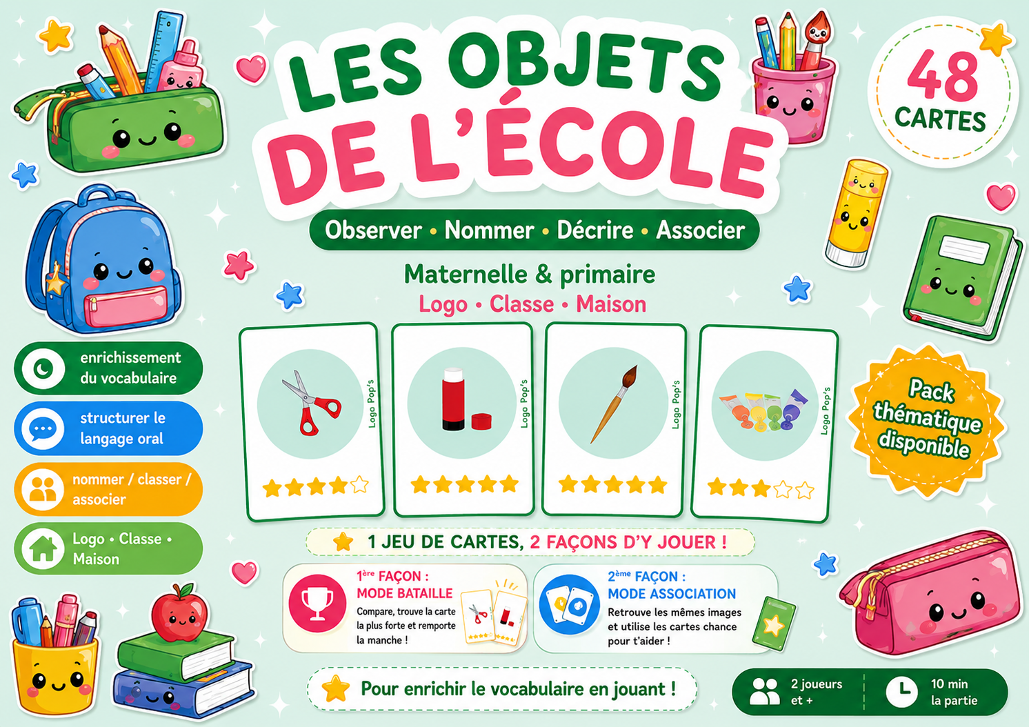 Bataille d'étoile - Vocabulaire - L'école (48 cartes + cartes chance)