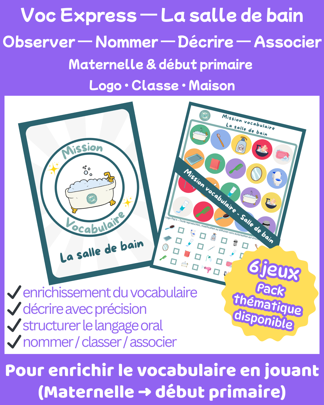 Mission Vocabulaire – Salle de bain (6 jeux • Maternelle – CP–CE1)
