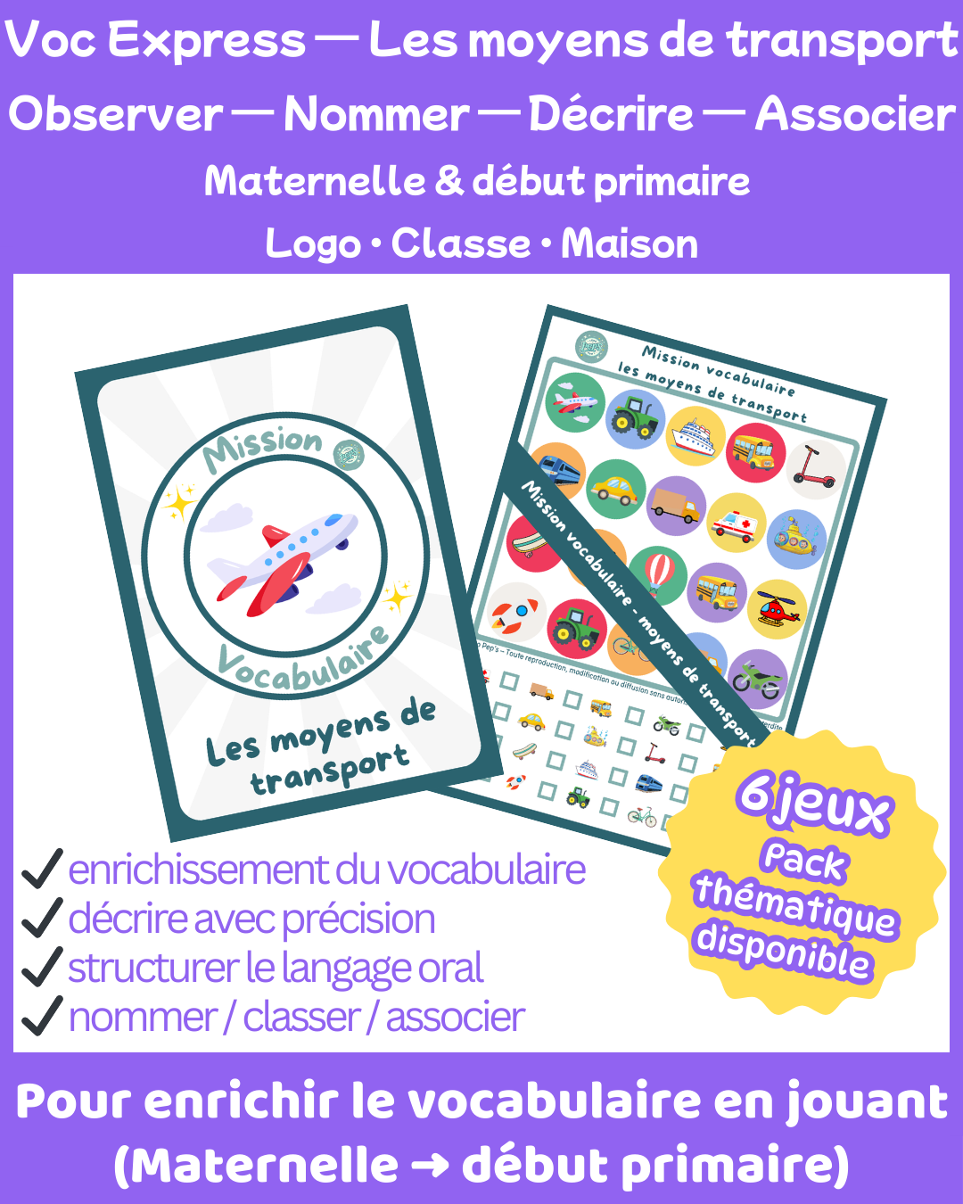 Mission Vocabulaire – Les moyens de transport (6 jeux • Maternelle – CP–CE1)