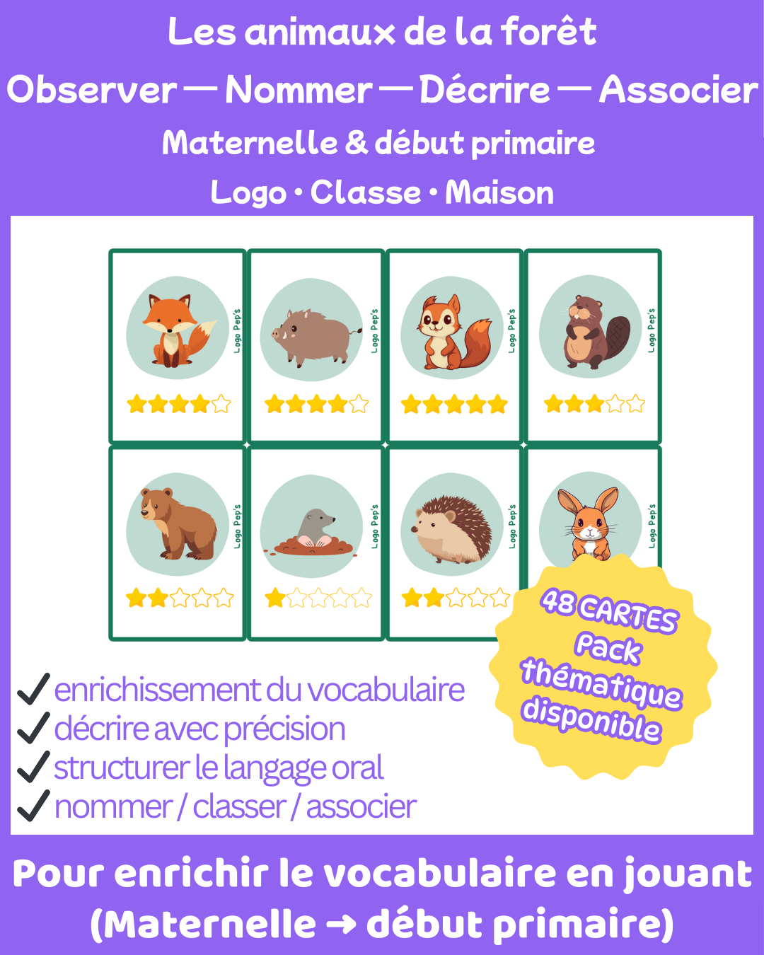 Bataille d’étoiles – Vocabulaire : Animaux de la forêt (48 cartes + cartes Chance)