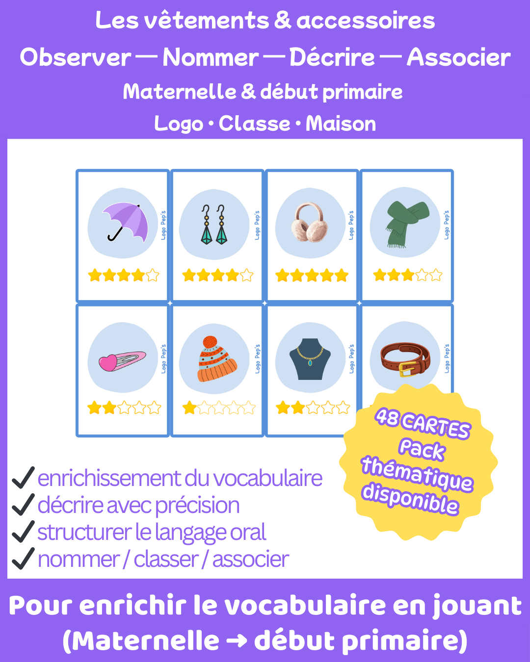 Bataille d’étoiles – Vocabulaire : Vêtements & accessoires (48 cartes + cartes Chance)