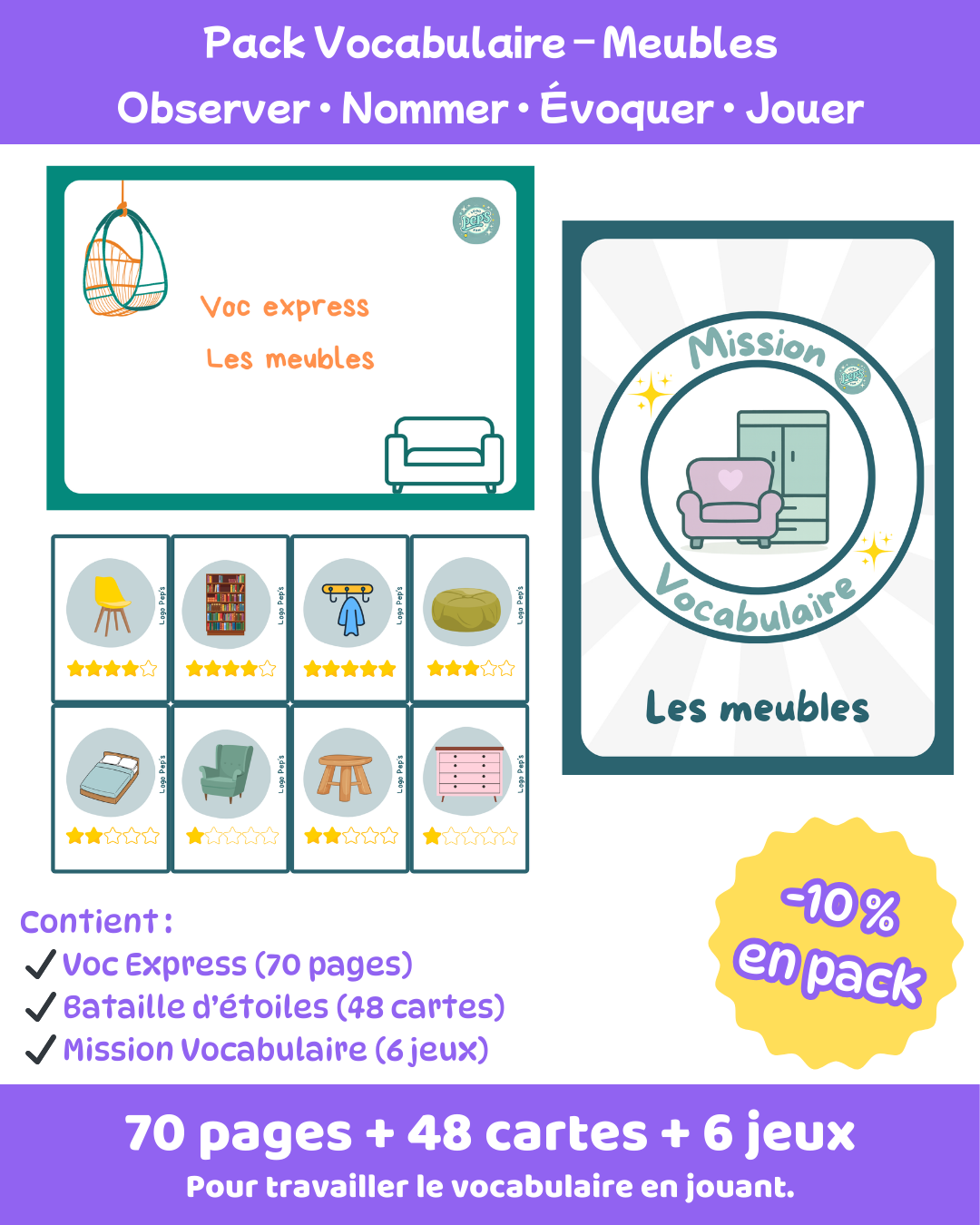 Pack Vocabulaire – Meubles (70 pages + 48 cartes + 6 jeux)