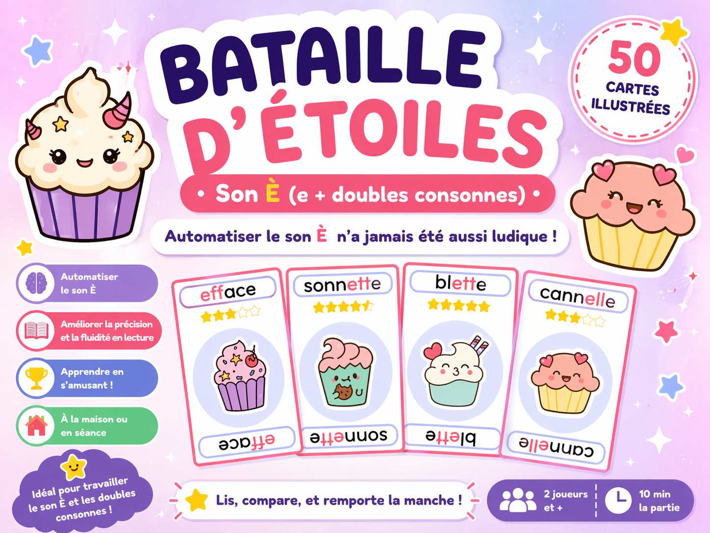 Bataille d’Étoiles – Son è (e + doubles consonnes) – Jeu de 50 cartes