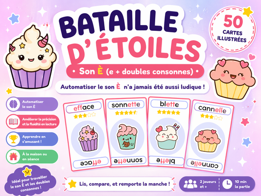 Bataille d’Étoiles – Son è (e + doubles consonnes) – Jeu de 50 cartes