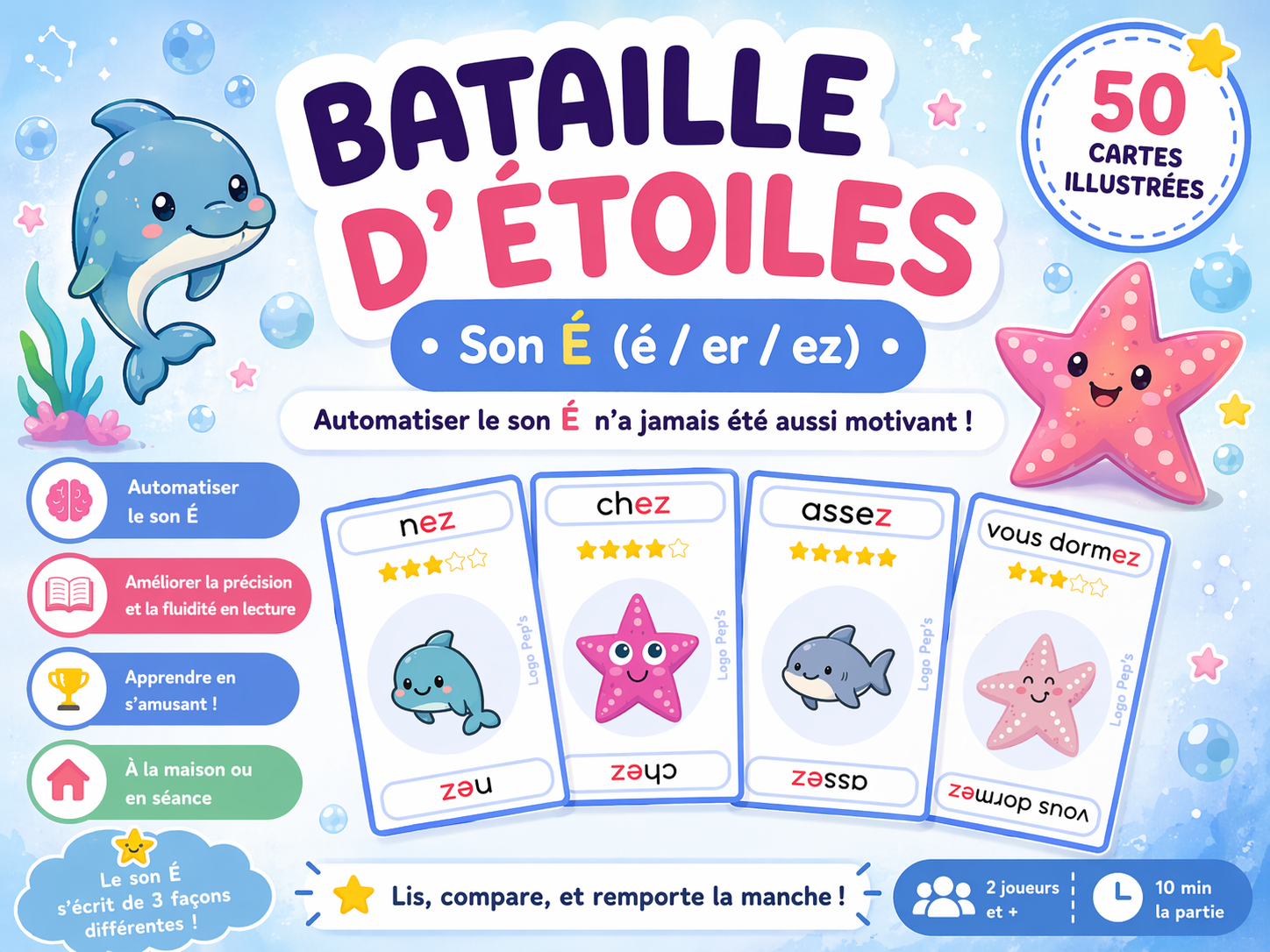 Bataille d’Étoiles – Son “É” (é / er / ez) – Jeu de 50 cartes