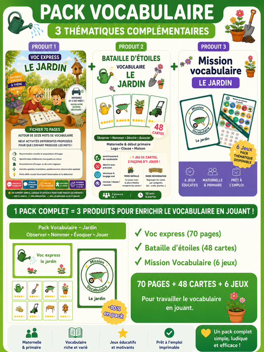 Pack Vocabulaire – Jardin (70 pages + 48 cartes + 6 jeux)