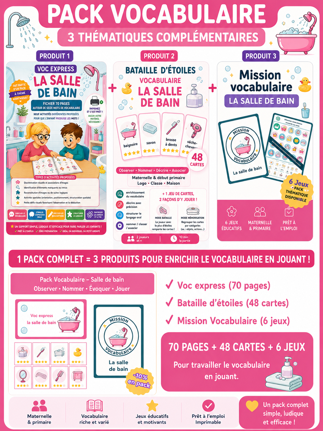 Pack vocabulaire – La salle de bain (70 pages + 48 cartes + 6 jeux • Maternelle – CP–CE1)