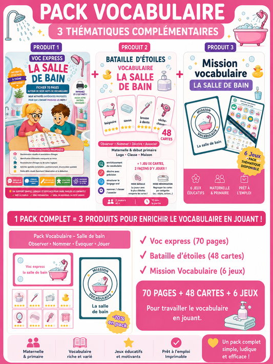 Pack vocabulaire – La salle de bain (70 pages + 48 cartes + 6 jeux • Maternelle – CP–CE1)