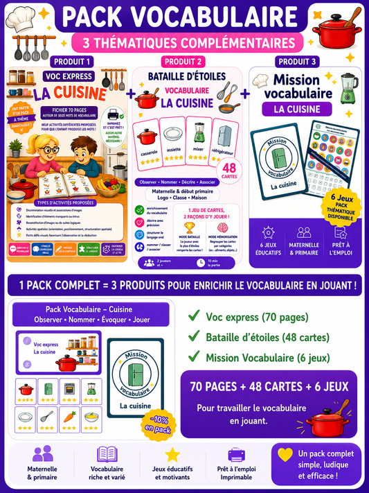 Pack Vocabulaire – Cuisine (70 pages + 48 cartes + 6 jeux)