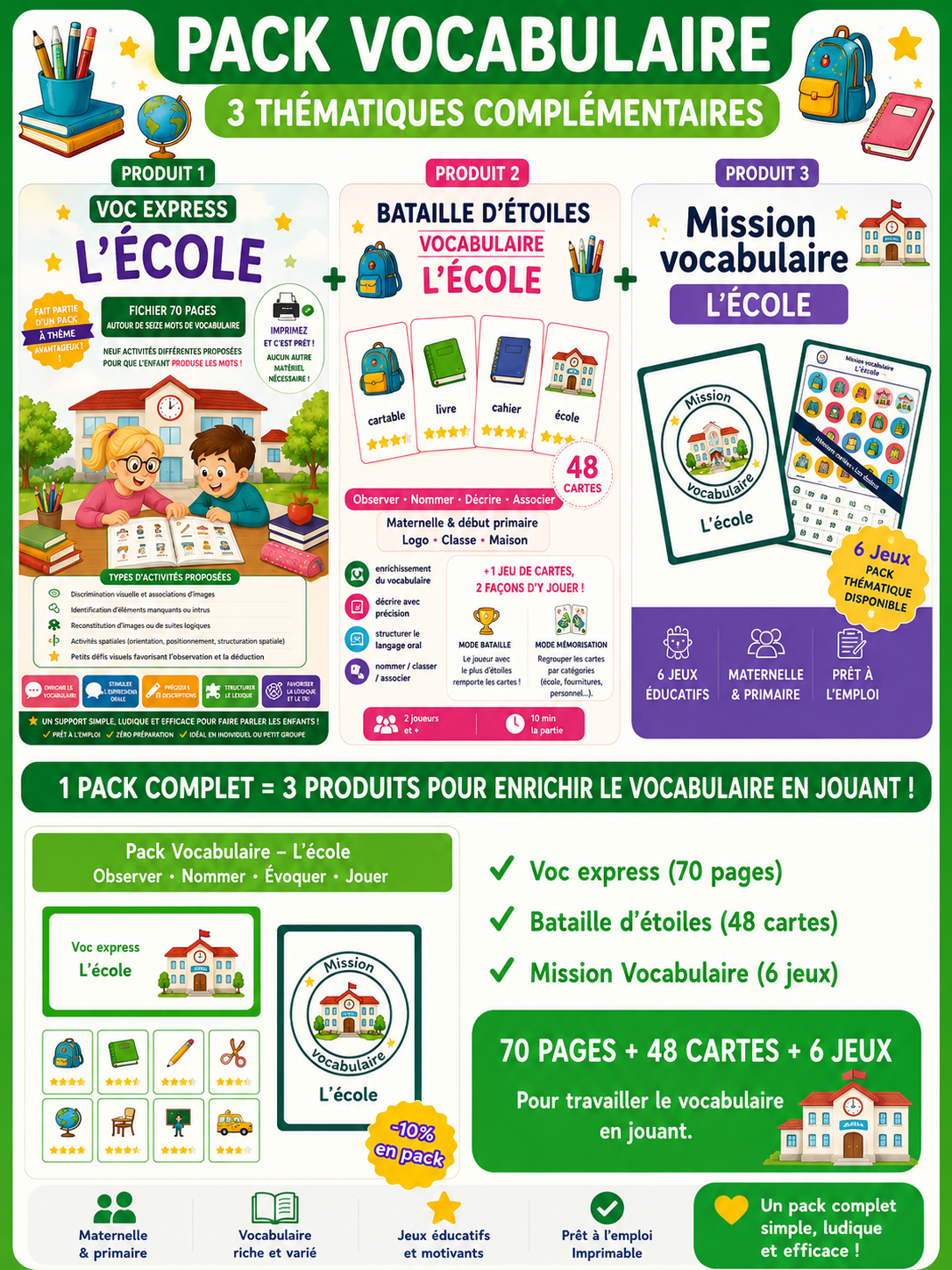 Pack Vocabulaire – L’école (70 pages + 48 cartes + 6 jeux)