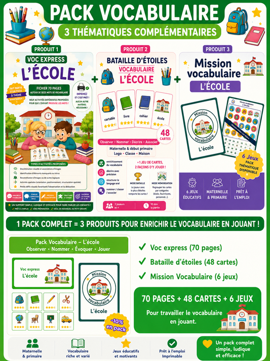 Pack Vocabulaire – L’école (70 pages + 48 cartes + 6 jeux)