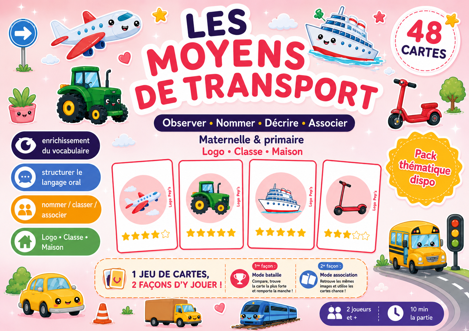 Bataille d’étoiles – Vocabulaire : Moyens de transport (48 cartes + cartes Chance)