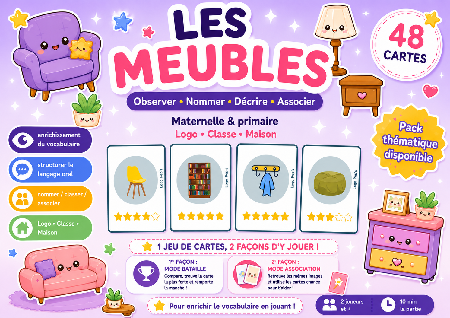 Bataille d’étoiles – Vocabulaire : Les meubles (48 cartes + cartes Chance)