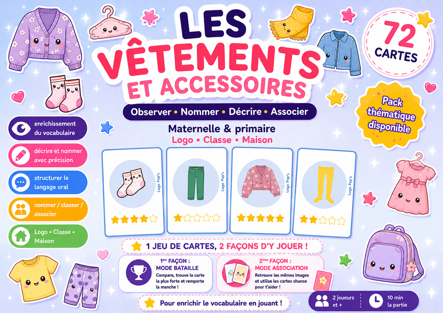 Bataille d’étoiles – Vocabulaire : Vêtements & accessoires (48 cartes + cartes Chance)