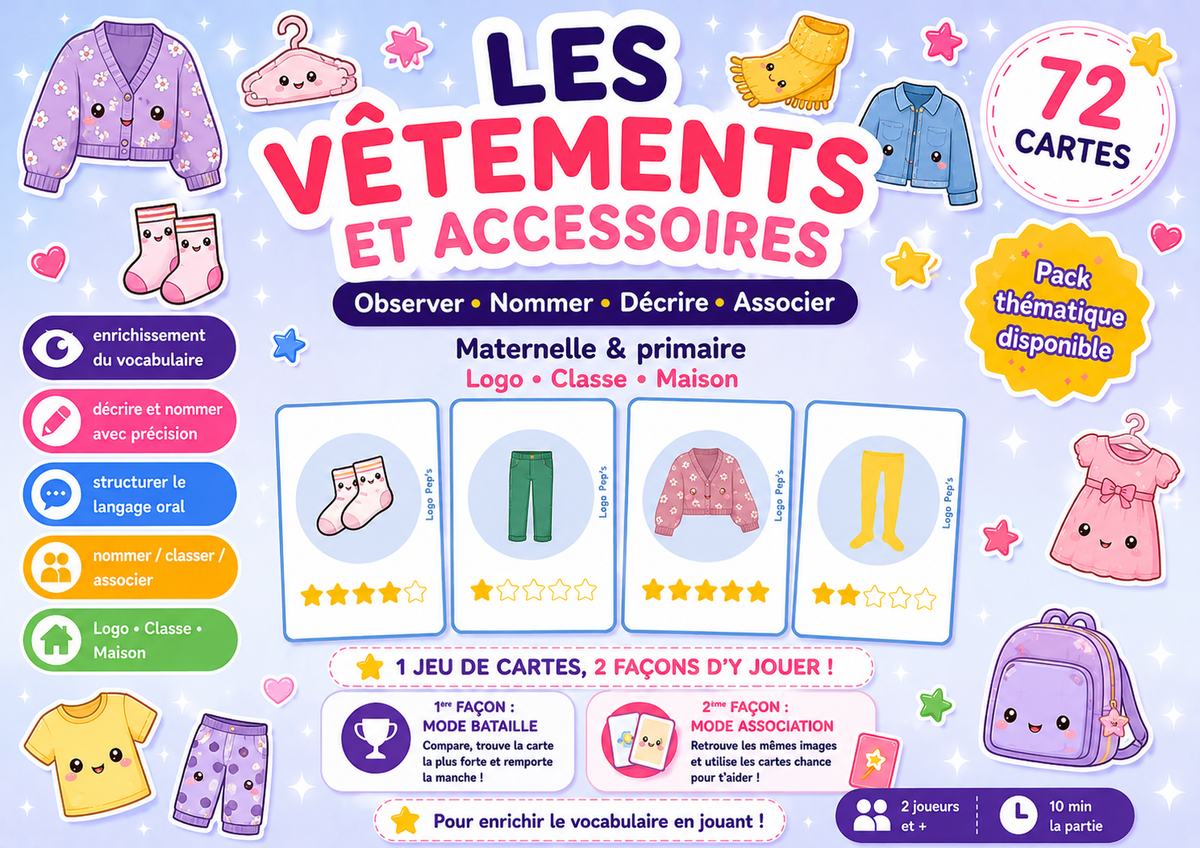 Bataille d’étoiles – Vocabulaire : Vêtements & accessoires (48 cartes + cartes Chance)
