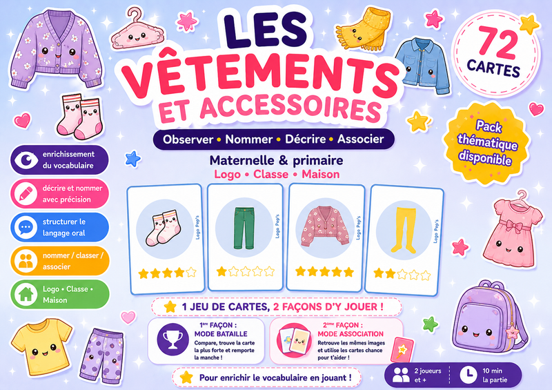 Bataille d’étoiles – Vocabulaire : Vêtements & accessoires (48 cartes + cartes Chance)