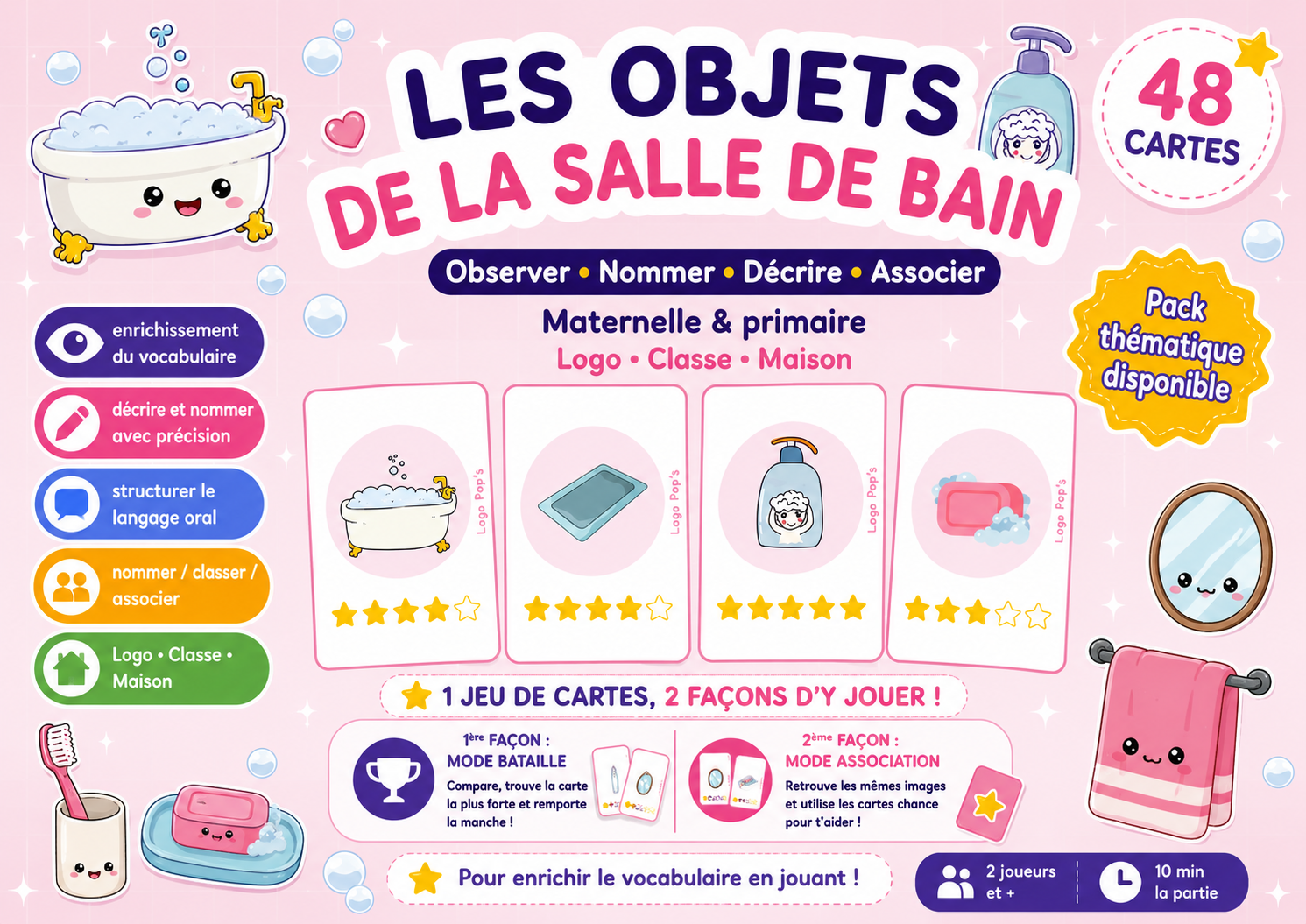 Bataille d’étoiles – Vocabulaire : La salle de bain (48 cartes + cartes Chance)