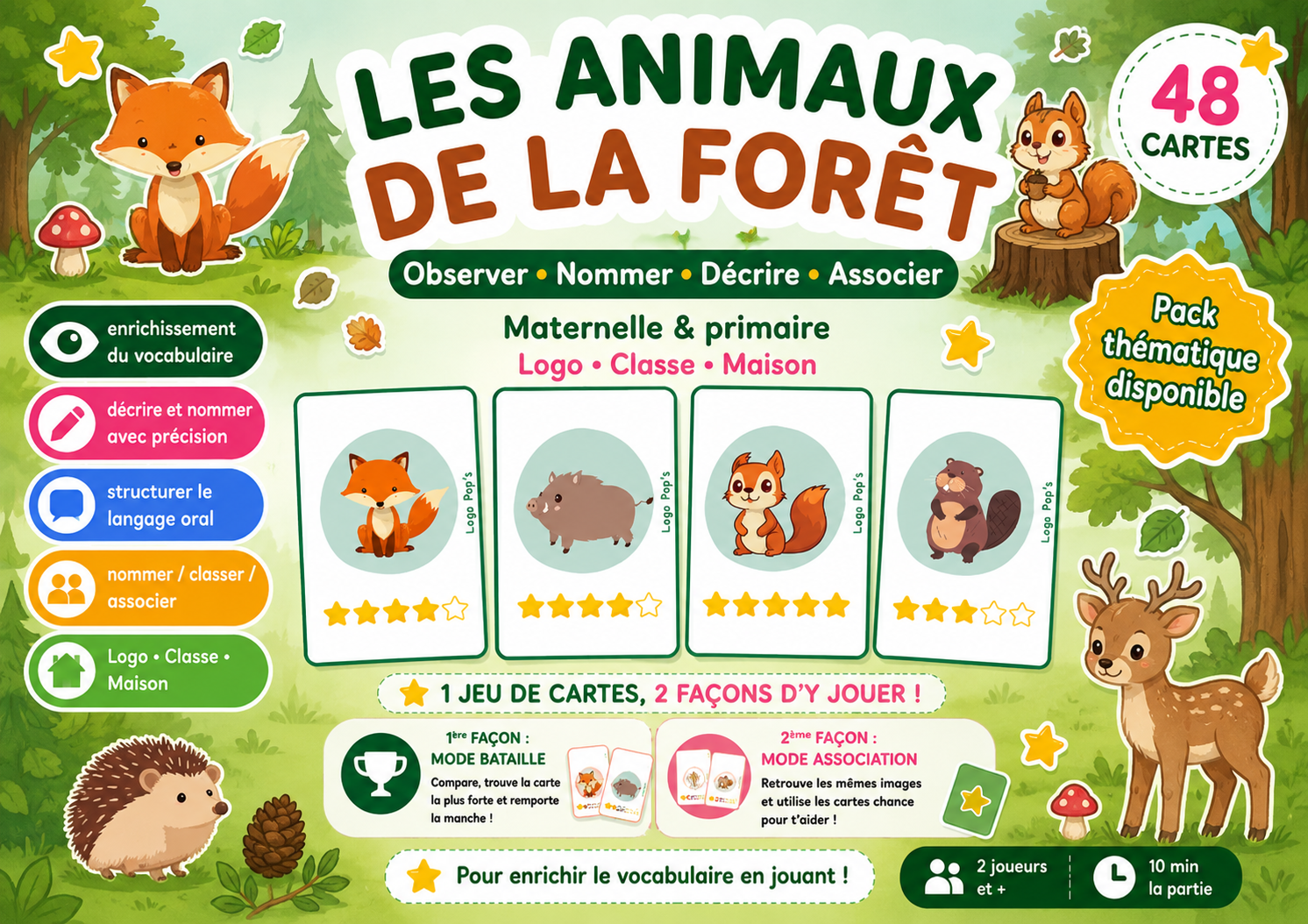 Bataille d’étoiles – Vocabulaire : Animaux de la forêt (48 cartes + cartes Chance)