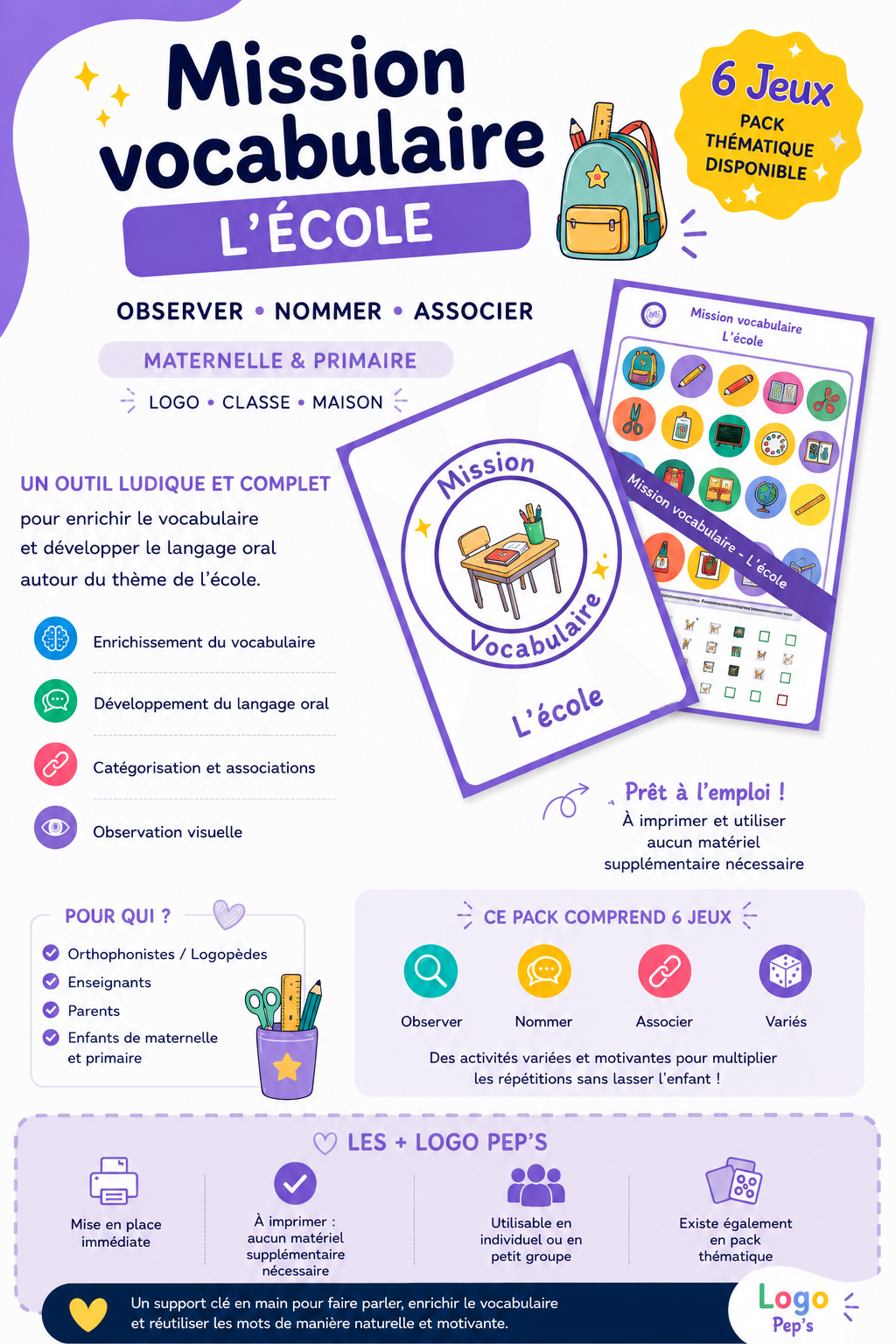 Mission Vocabulaire – L'école (6 jeux • Maternelle – CP–CE1)