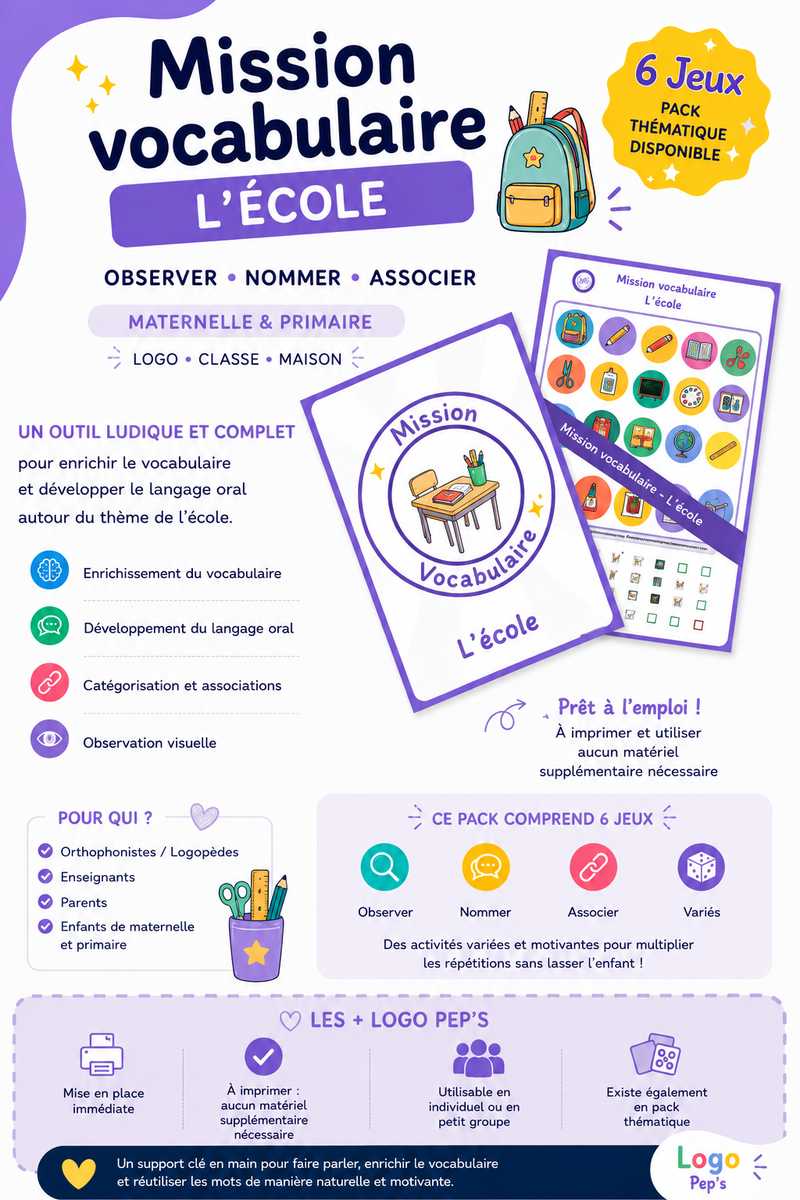 Mission Vocabulaire – L'école (6 jeux • Maternelle – CP–CE1)