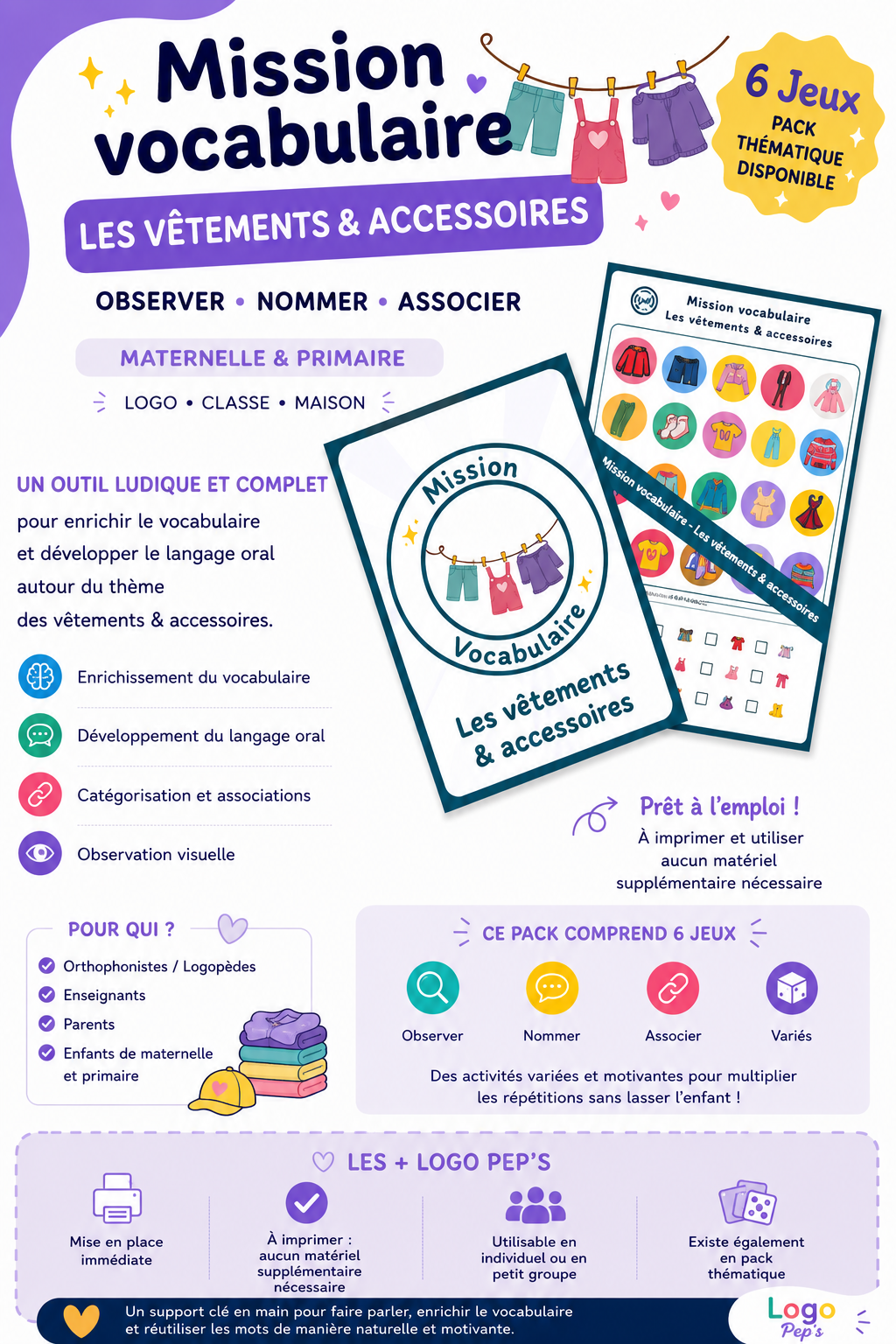 Mission Vocabulaire – Les vêtements (6 jeux • Maternelle – CP–CE1)