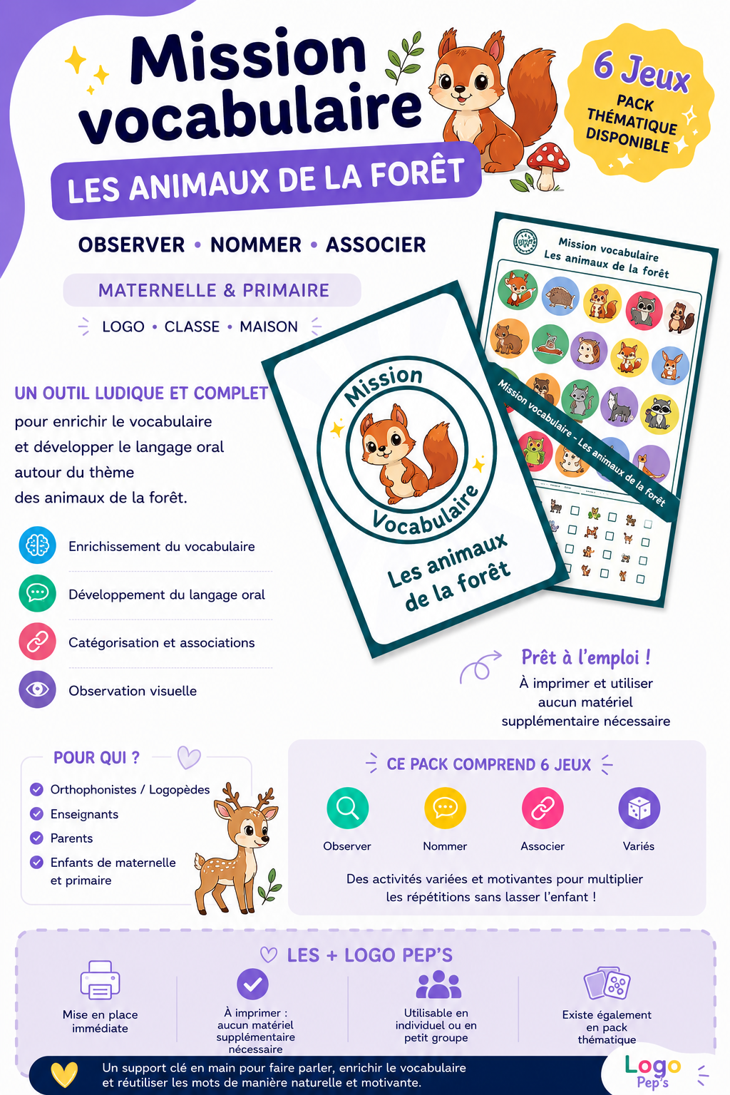Mission Vocabulaire – Les animaux de la forêt (6 jeux • Maternelle – CP–CE1)