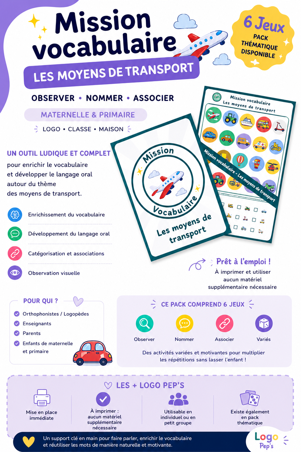 Mission Vocabulaire – Les moyens de transport (6 jeux • Maternelle – CP–CE1)