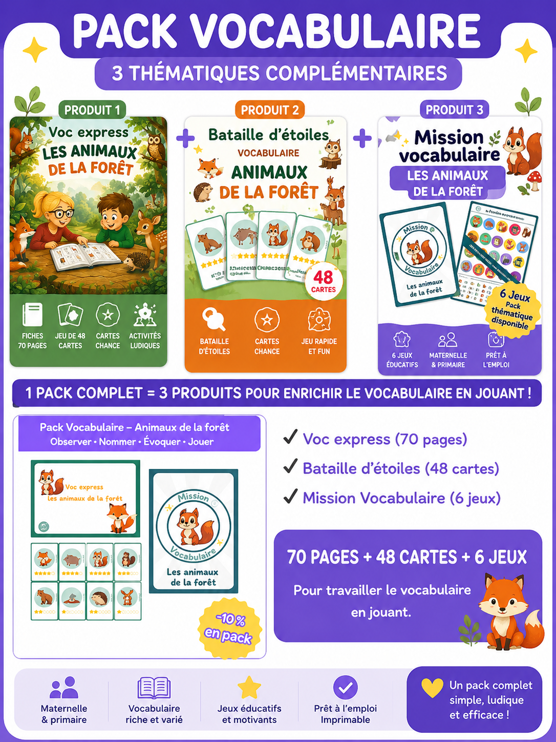 Pack Vocabulaire – Animaux de la forêt (70 pages + 48 cartes + 6 jeux)