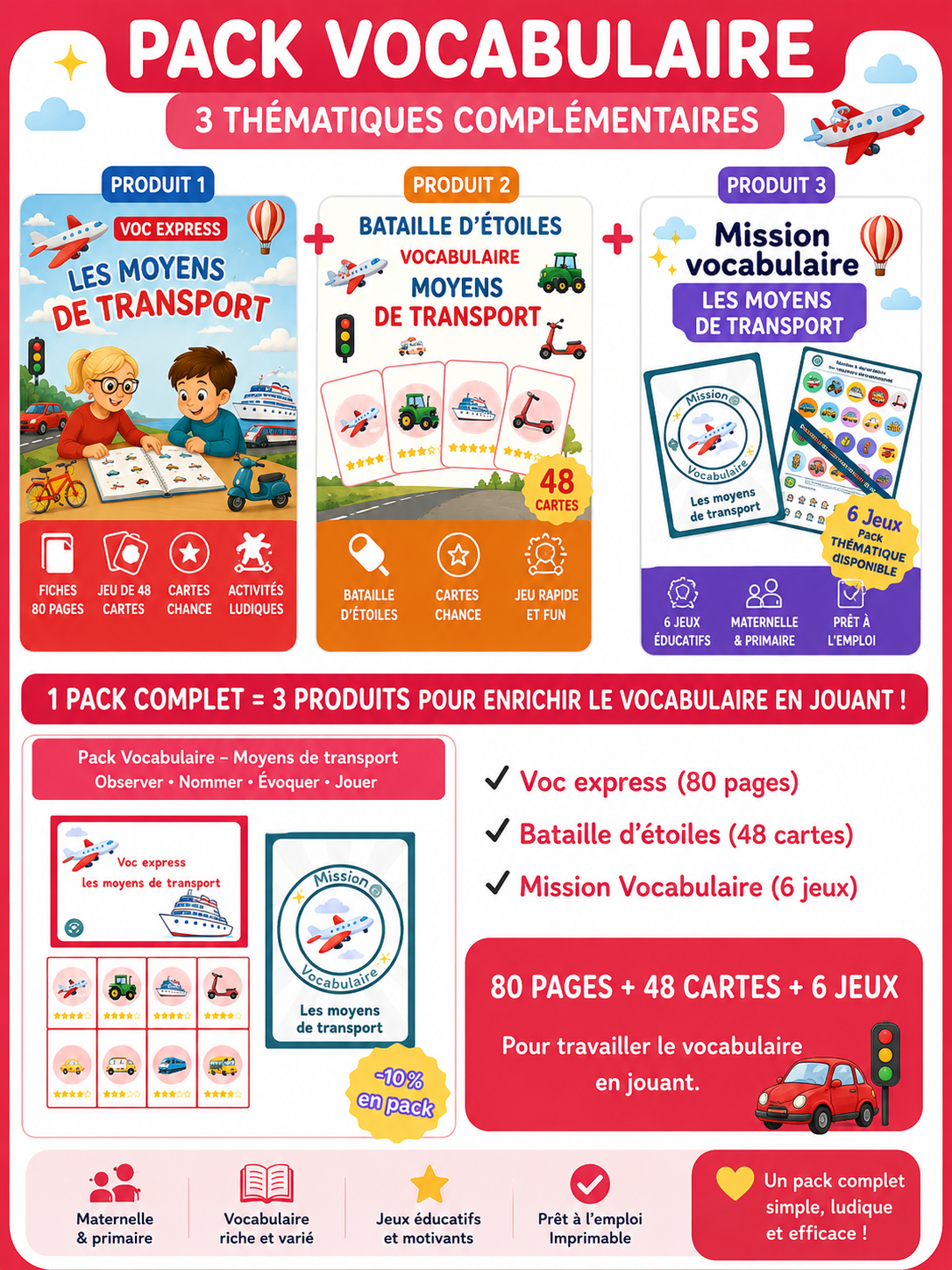 Pack Vocabulaire – Moyens de transport (80 pages + 48 cartes + 6 jeux)