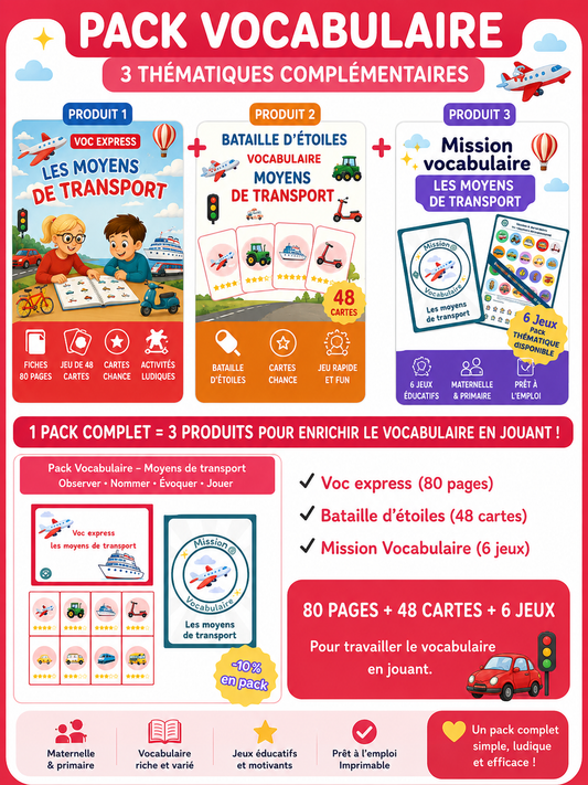 Pack Vocabulaire – Moyens de transport (80 pages + 48 cartes + 6 jeux)