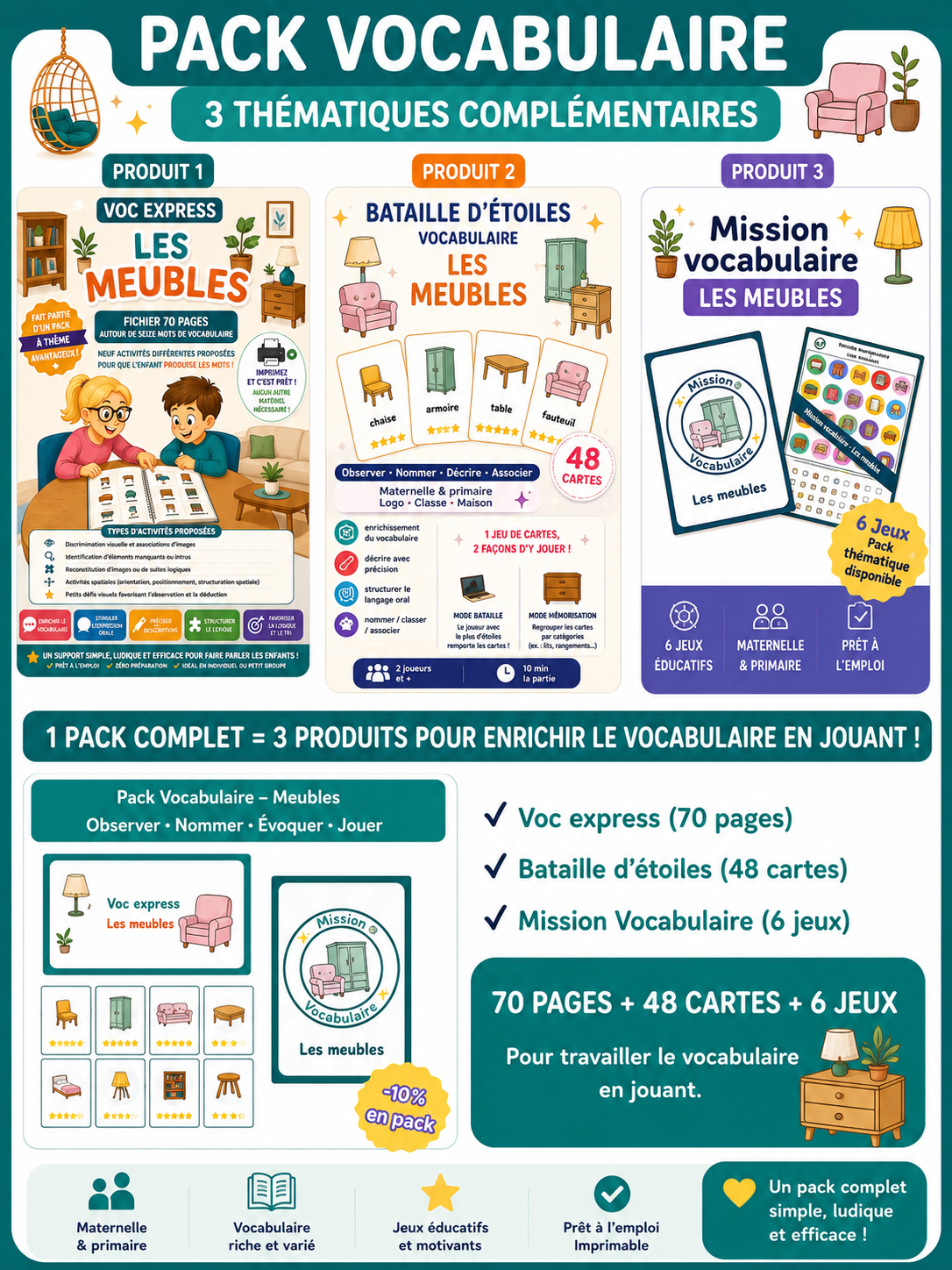 Pack Vocabulaire – Meubles (70 pages + 48 cartes + 6 jeux)