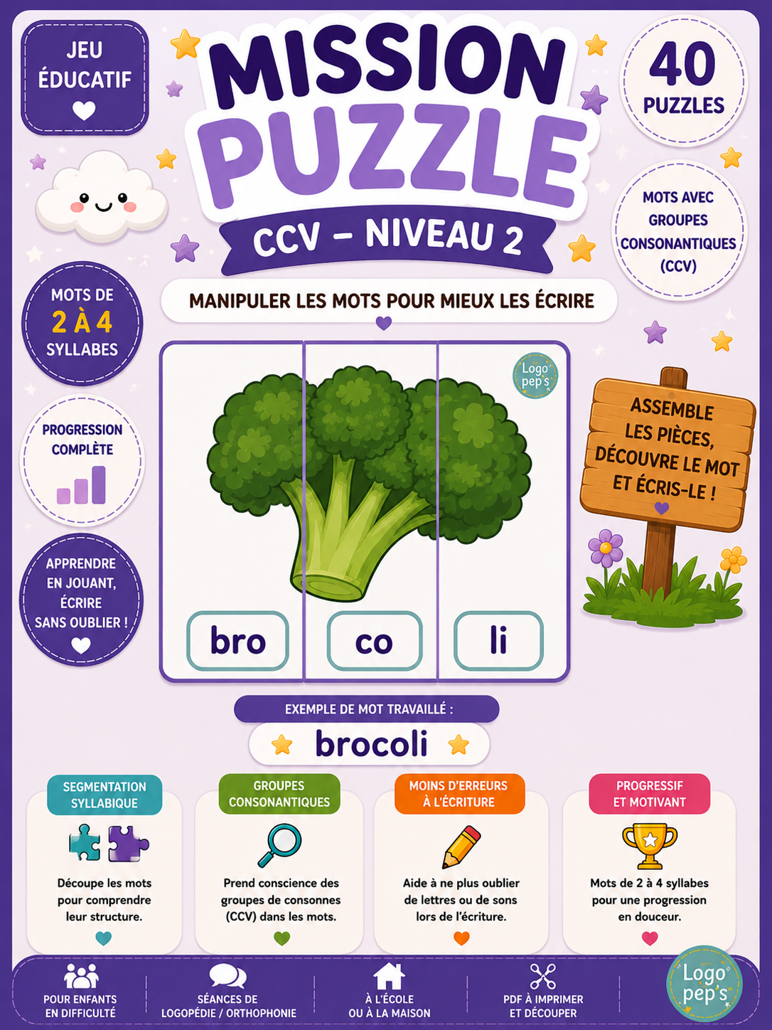 Mission Puzzle – Mots simples – CCV (niveau 2) - Manipuler les mots pour mieux les écrire