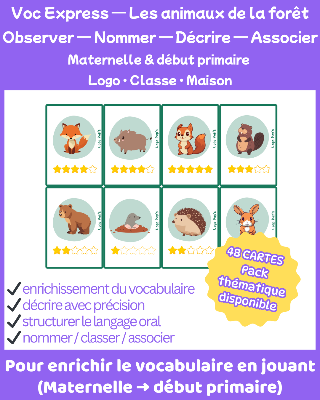Bataille d’étoiles – Vocabulaire : Animaux de la forêt (48 cartes + cartes Chance)