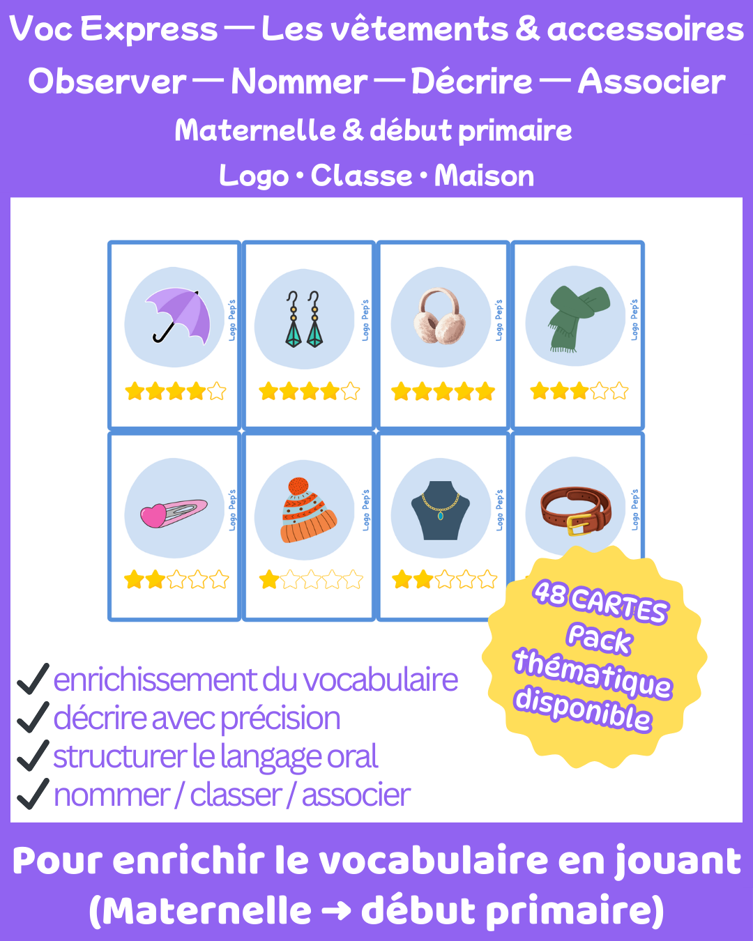 Bataille d’étoiles – Vocabulaire : Vêtements & accessoires (48 cartes + cartes Chance)