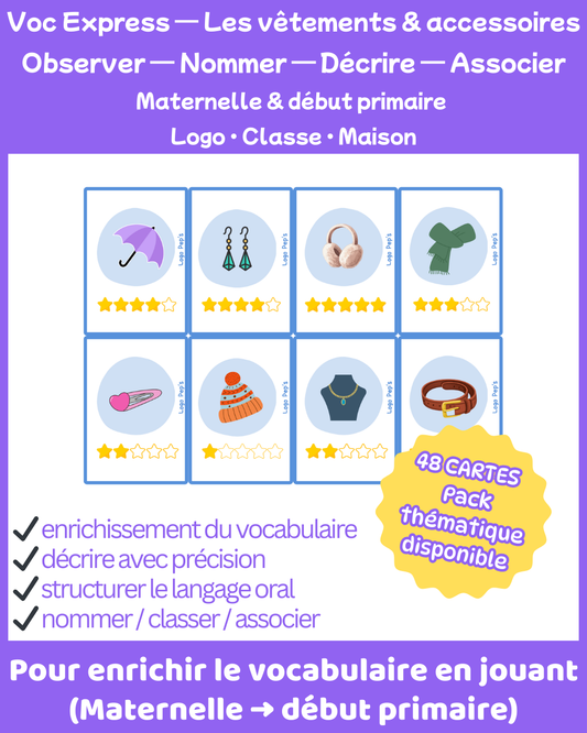 Bataille d’étoiles – Vocabulaire : Vêtements & accessoires (48 cartes + cartes Chance)