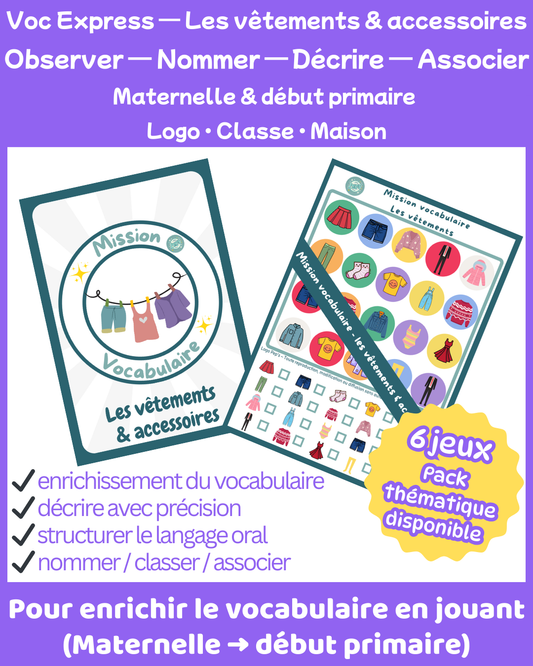 Mission Vocabulaire – Les vêtements (6 jeux • Maternelle – CP–CE1)