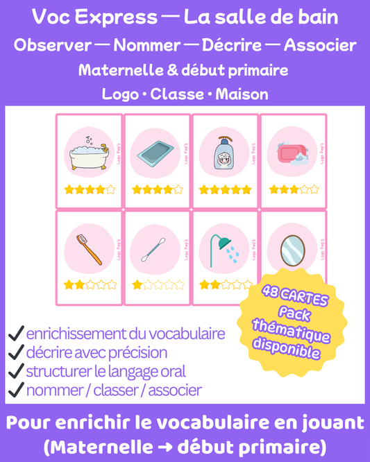 Bataille d’étoiles – Vocabulaire : La salle de bain (48 cartes + cartes Chance)