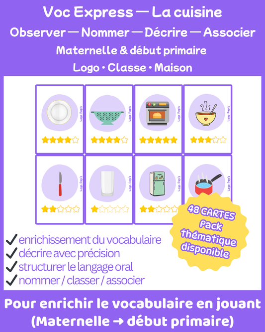 Bataille d’étoiles – Vocabulaire : La cuisine (48 cartes + cartes Chance)