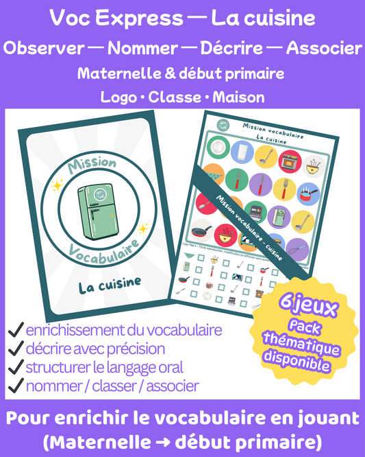 Mission Vocabulaire – Cuisine (6 jeux • Maternelle – CP–CE1)