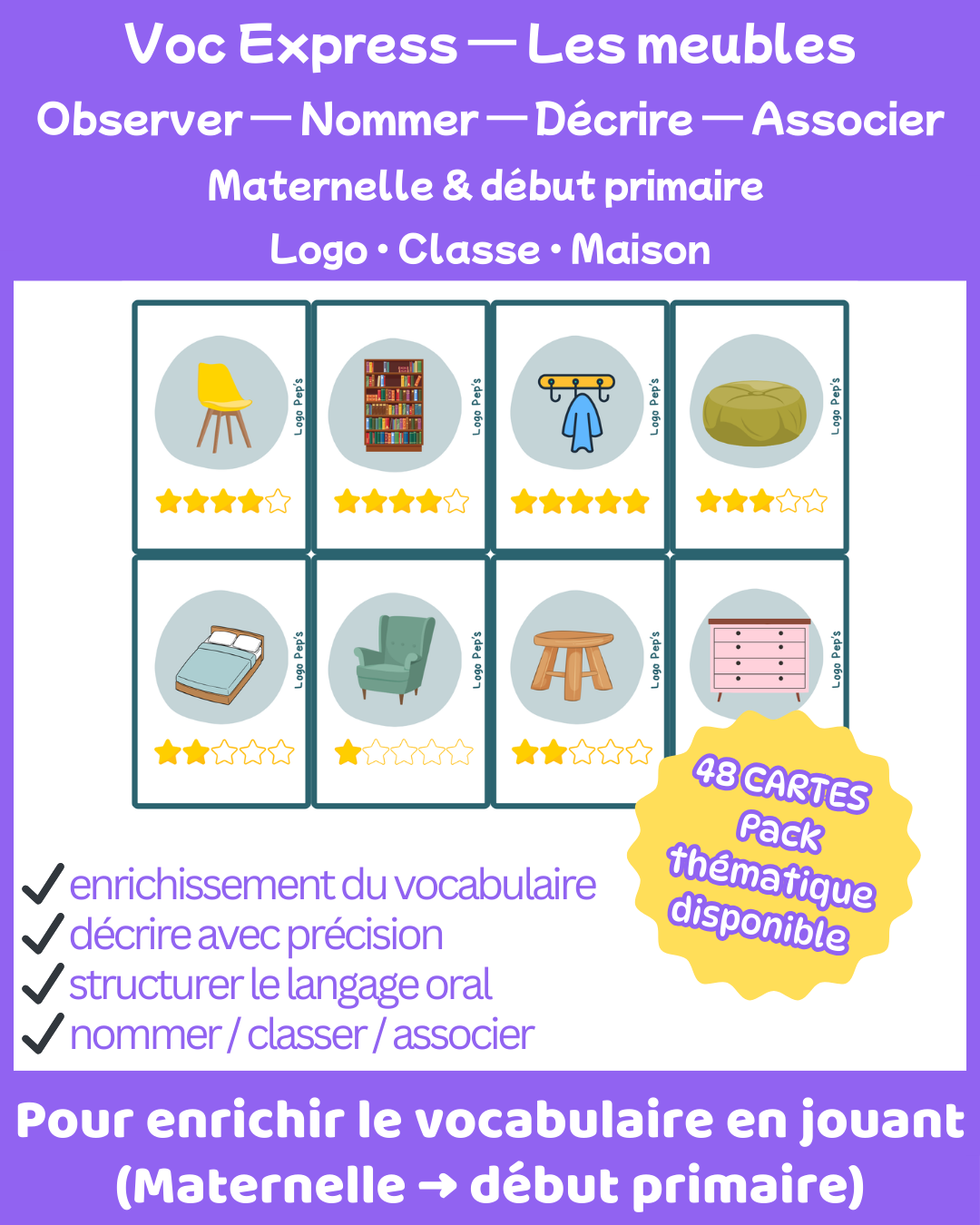 Bataille d’étoiles – Vocabulaire : Les meubles (48 cartes + cartes Chance)