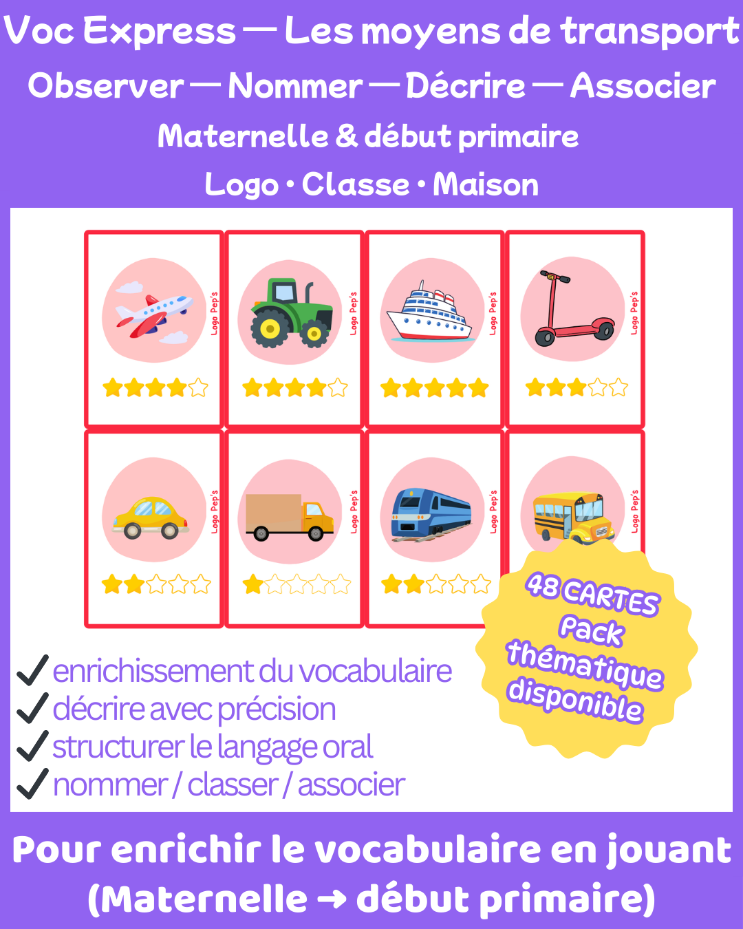 Bataille d’étoiles – Vocabulaire : Moyens de transport (48 cartes + cartes Chance)