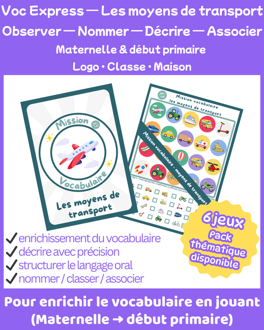 Mission Vocabulaire – Les moyens de transport (6 jeux • Maternelle – CP–CE1)