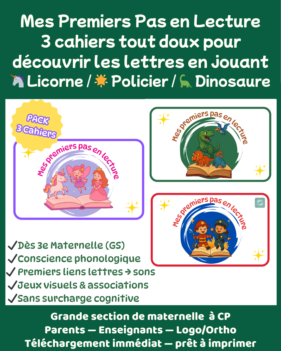 Pack – Mes Premiers Pas en Lecture (Licorne + Policier + Dinosaure)