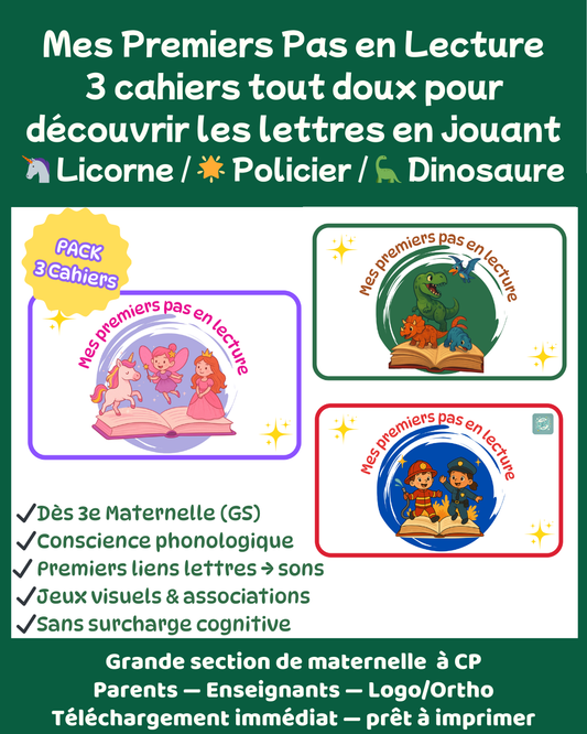 Pack – Mes Premiers Pas en Lecture (Licorne + Policier + Dinosaure)