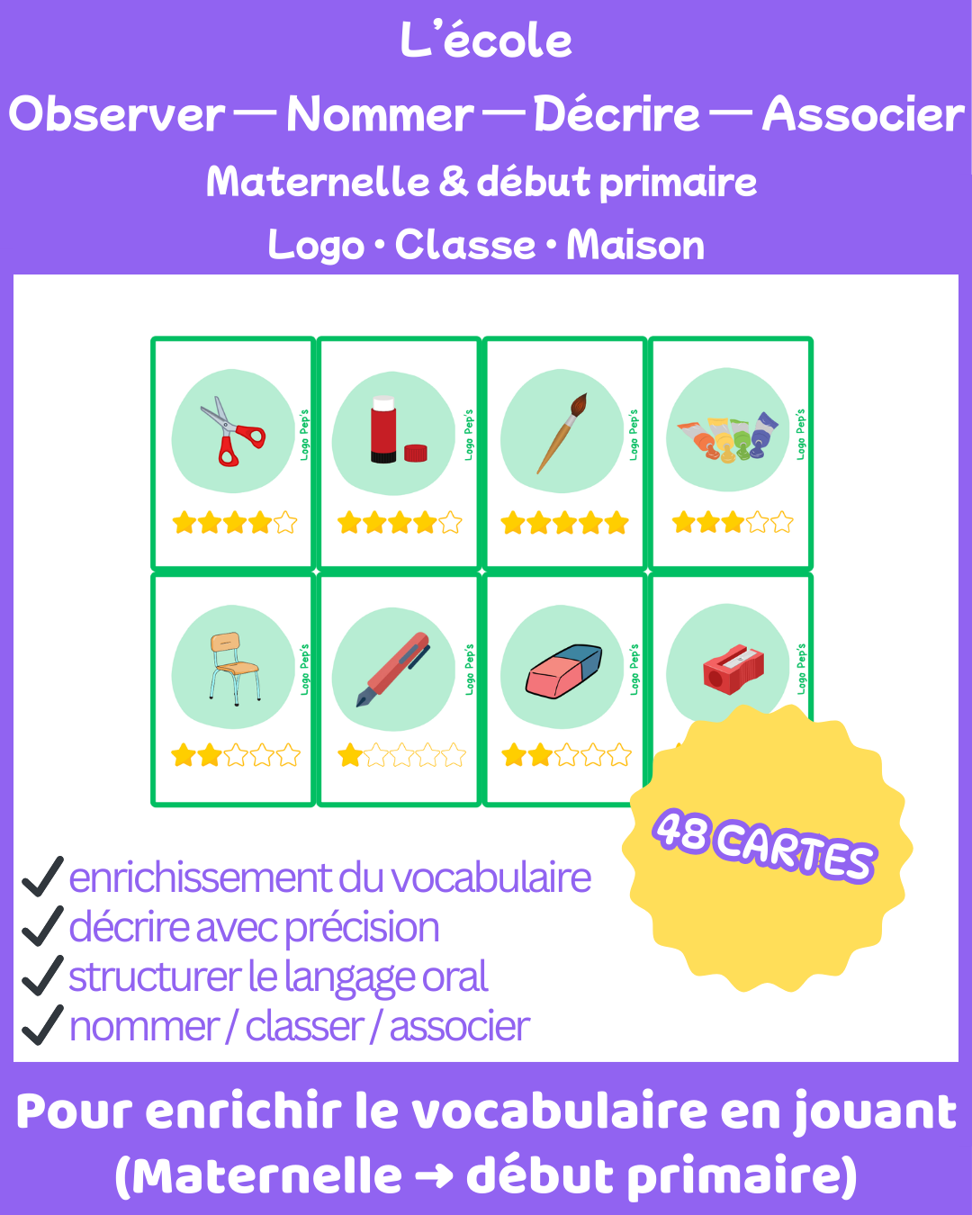 Bataille d'étoile - Vocabulaire - L'école (48 cartes + cartes chance)