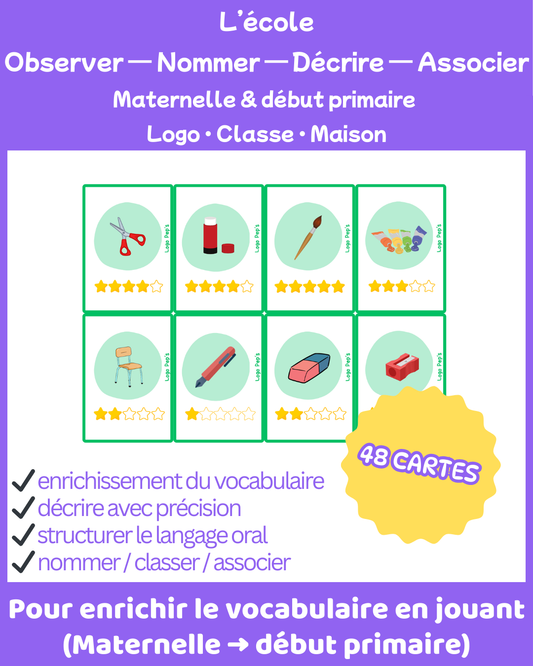 Bataille d'étoile - Vocabulaire - L'école (48 cartes + cartes chance)