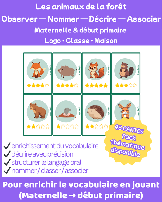 Bataille d’étoiles – Vocabulaire : Animaux de la forêt (48 cartes + cartes Chance)