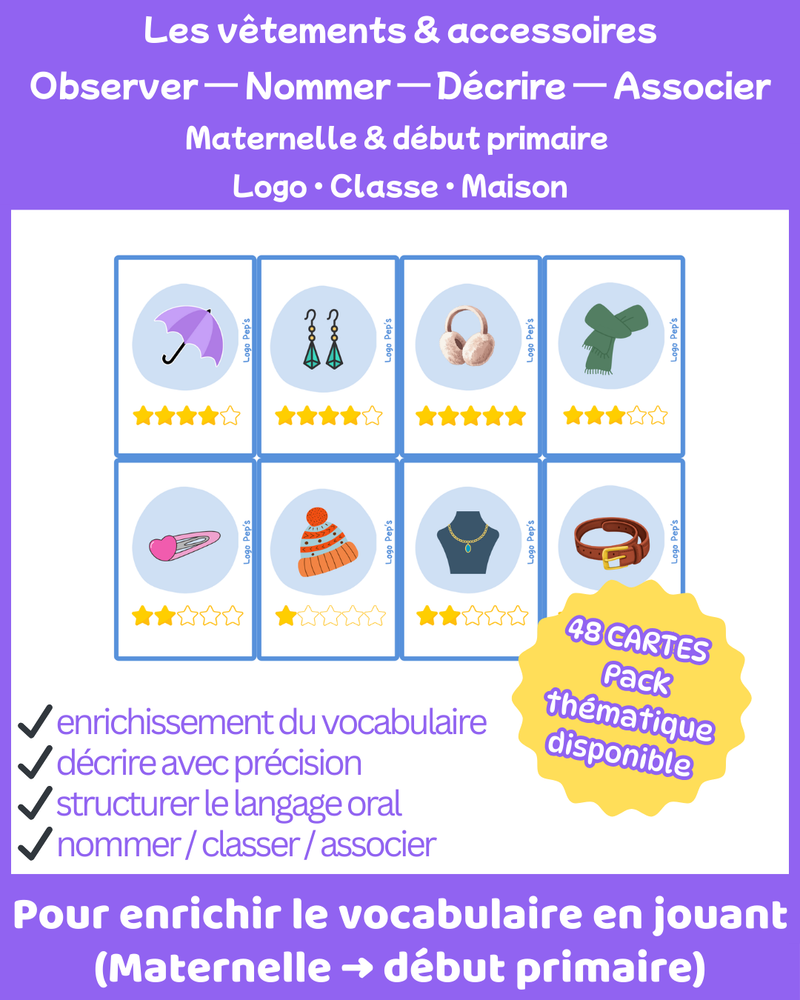 Bataille d’étoiles – Vocabulaire : Vêtements & accessoires (48 cartes + cartes Chance)