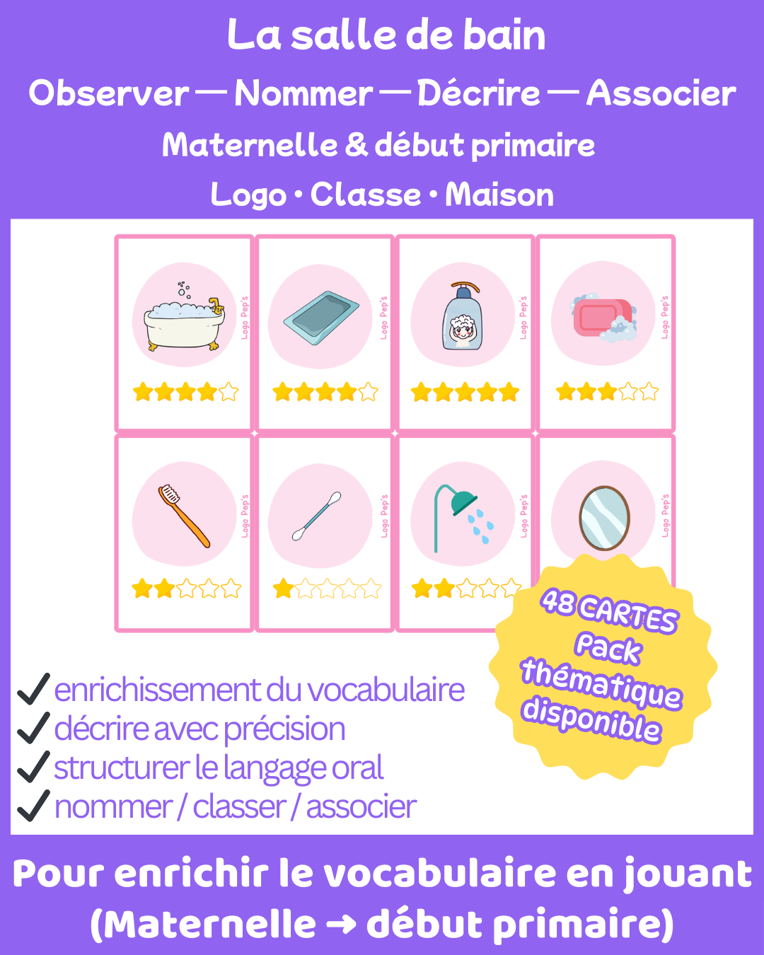 Bataille d’étoiles – Vocabulaire : La salle de bain (48 cartes + cartes Chance)