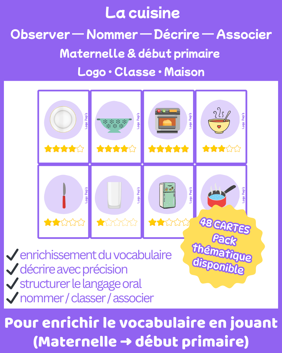 Bataille d’étoiles – Vocabulaire : La cuisine (48 cartes + cartes Chance)